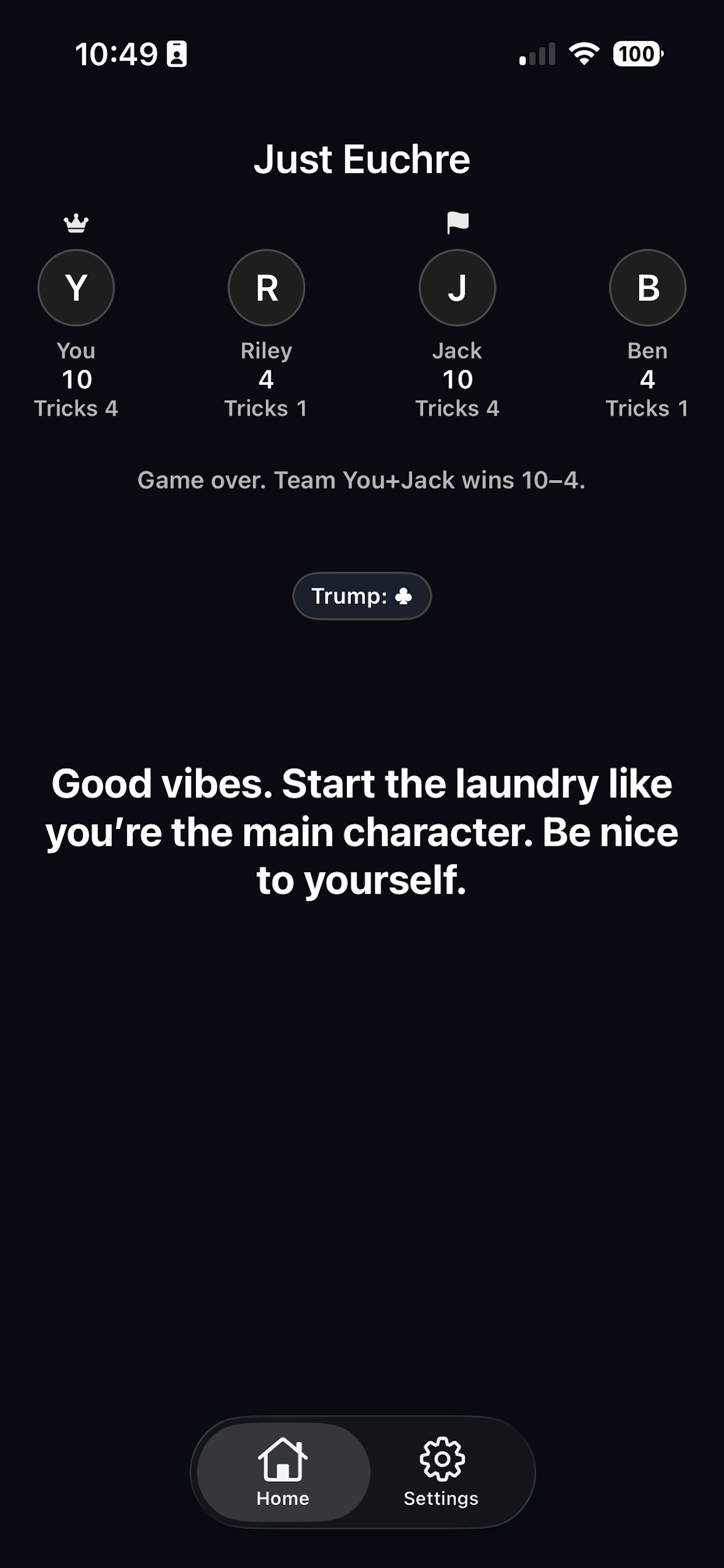 Just Euchre home screen