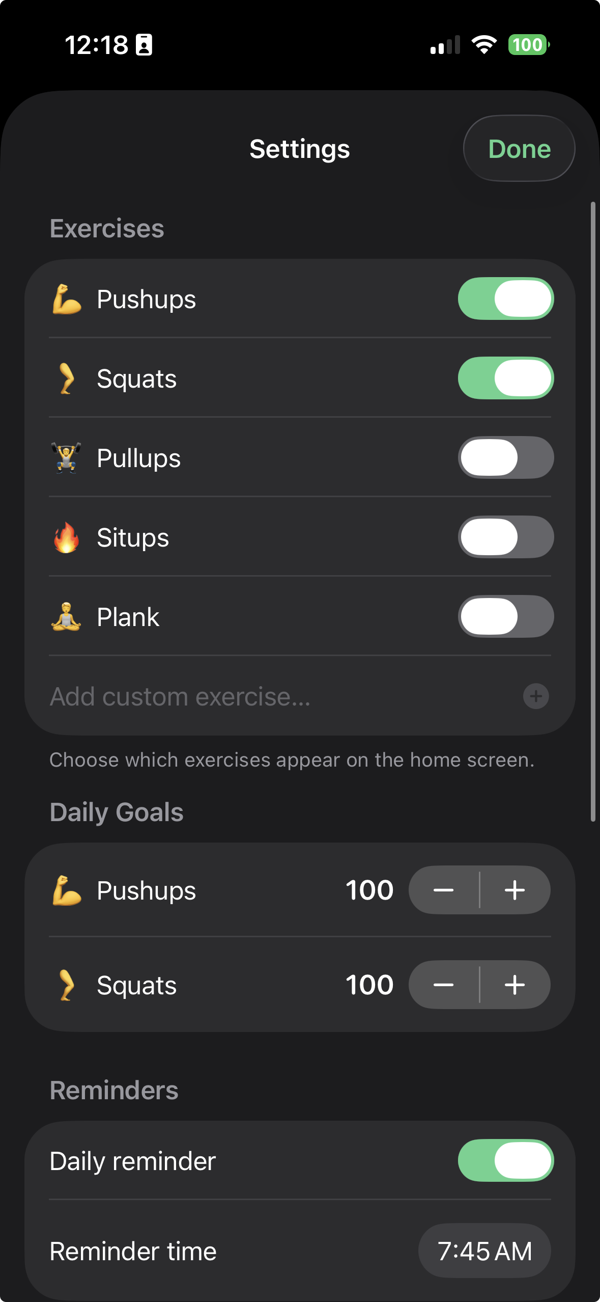 Settings screen