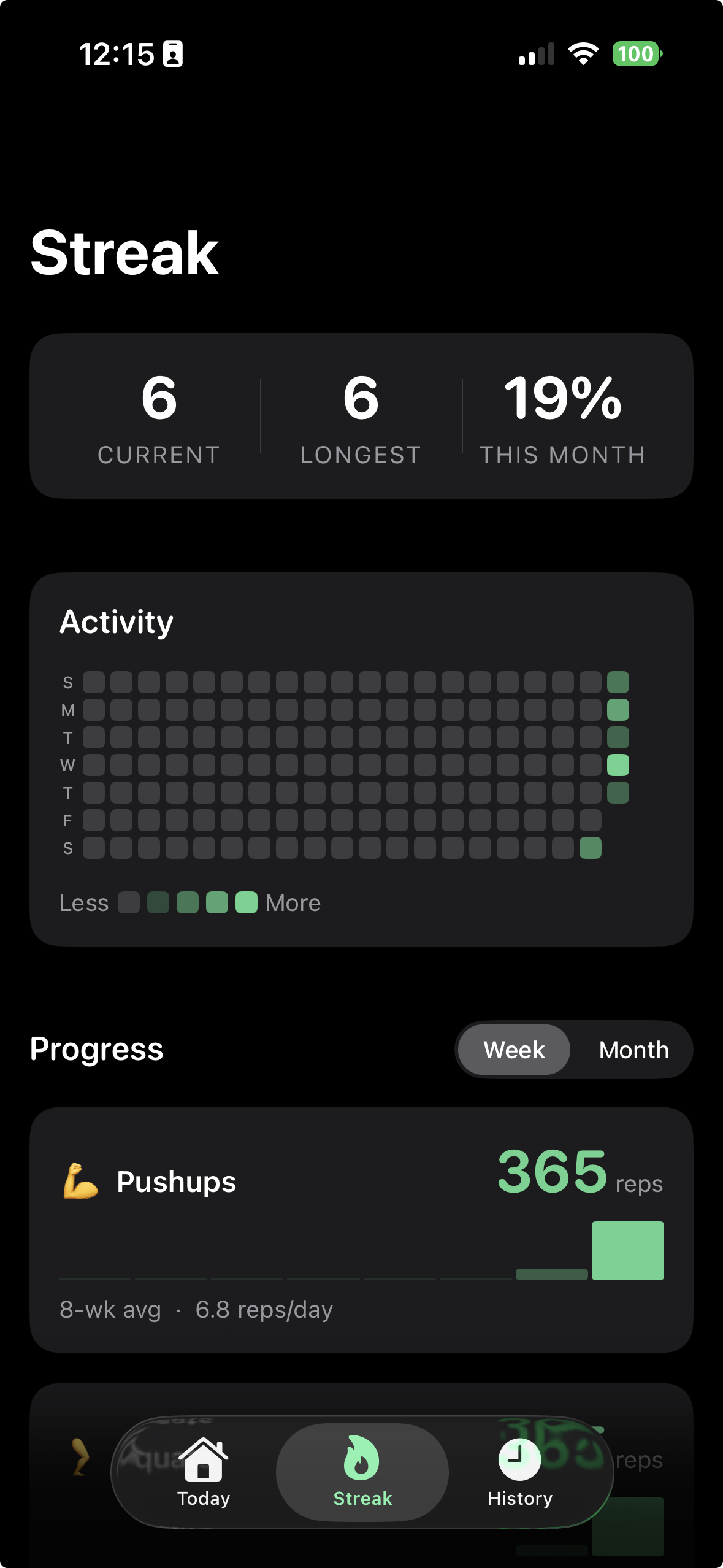 Progress screen with streak stats and heatmap