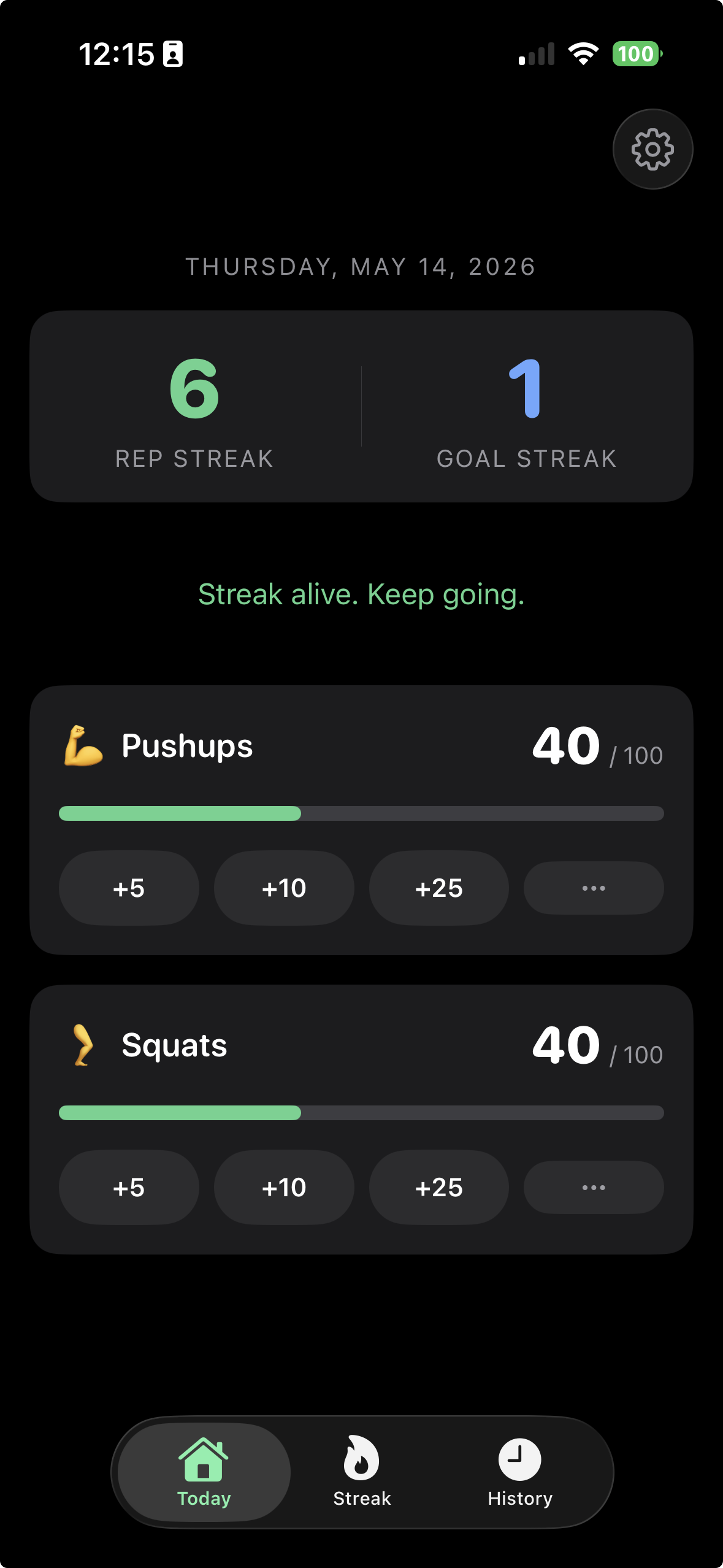 Just Reps home screen showing exercise cards and streak counter