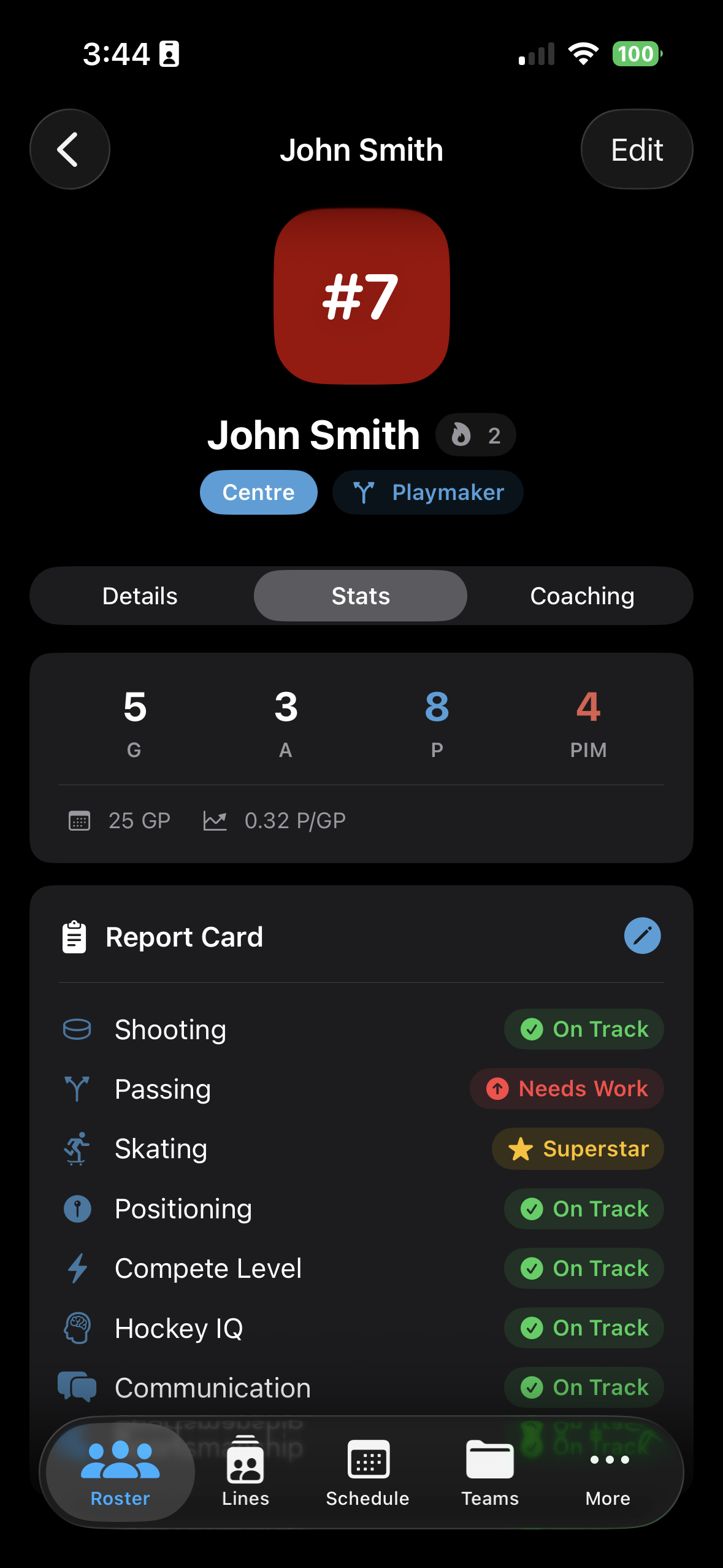 Player report card