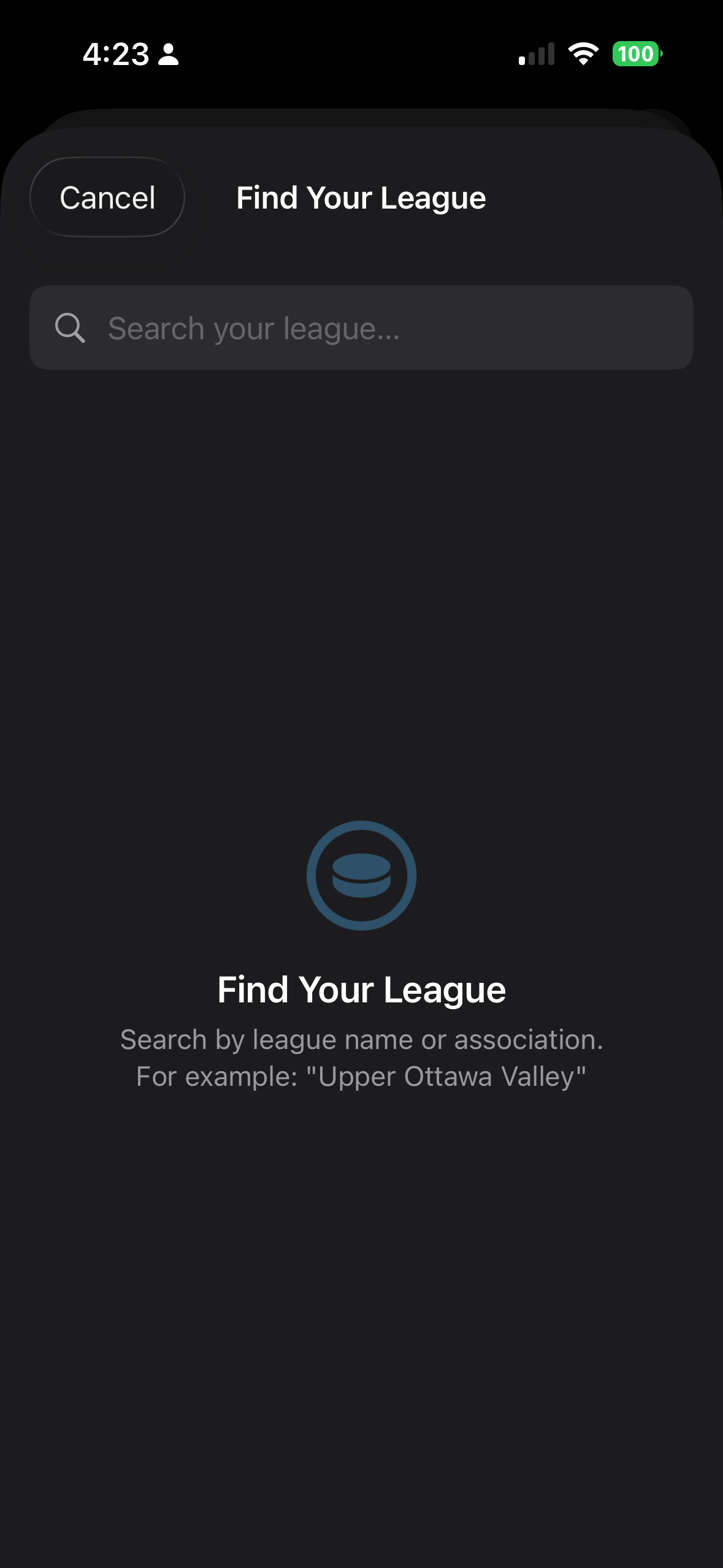 Find Your League search screen
