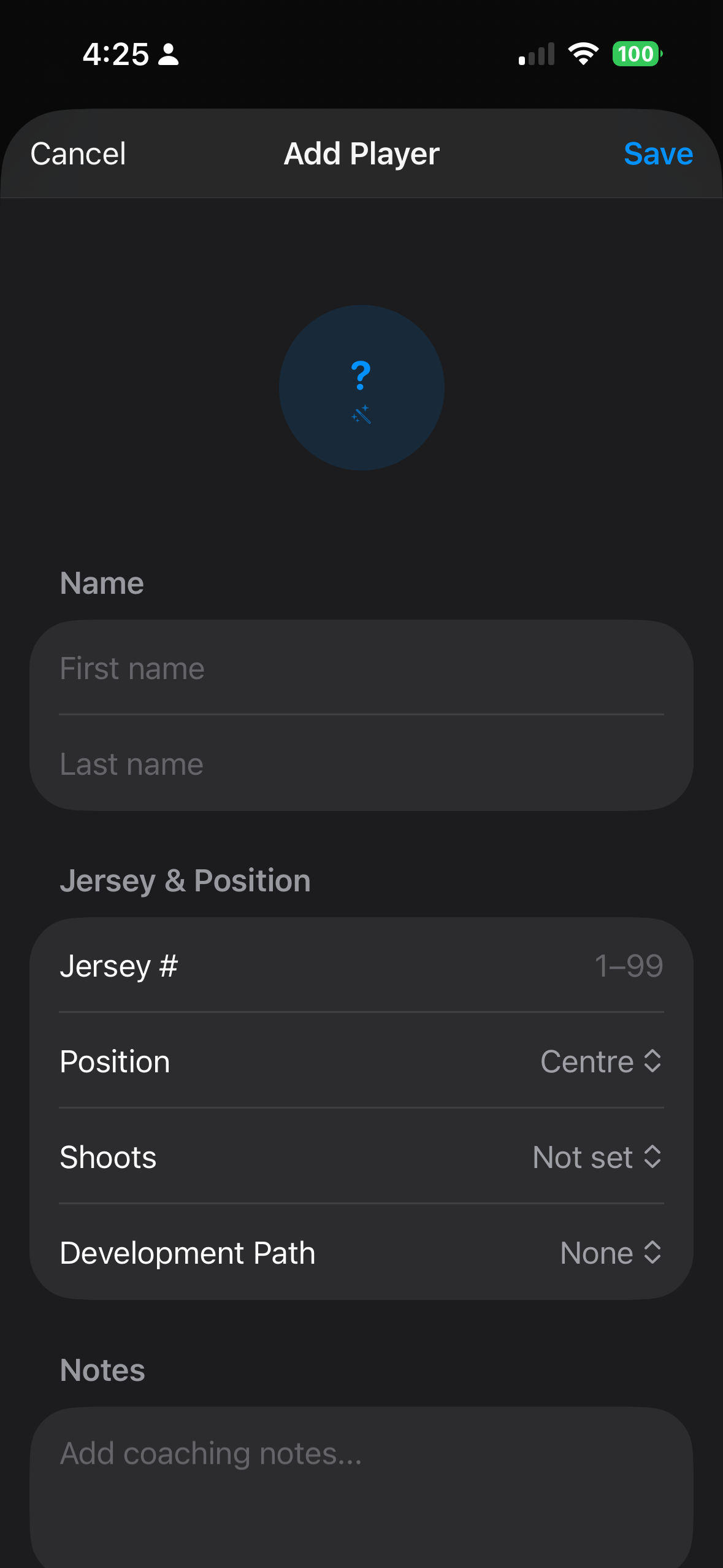 Add Player form