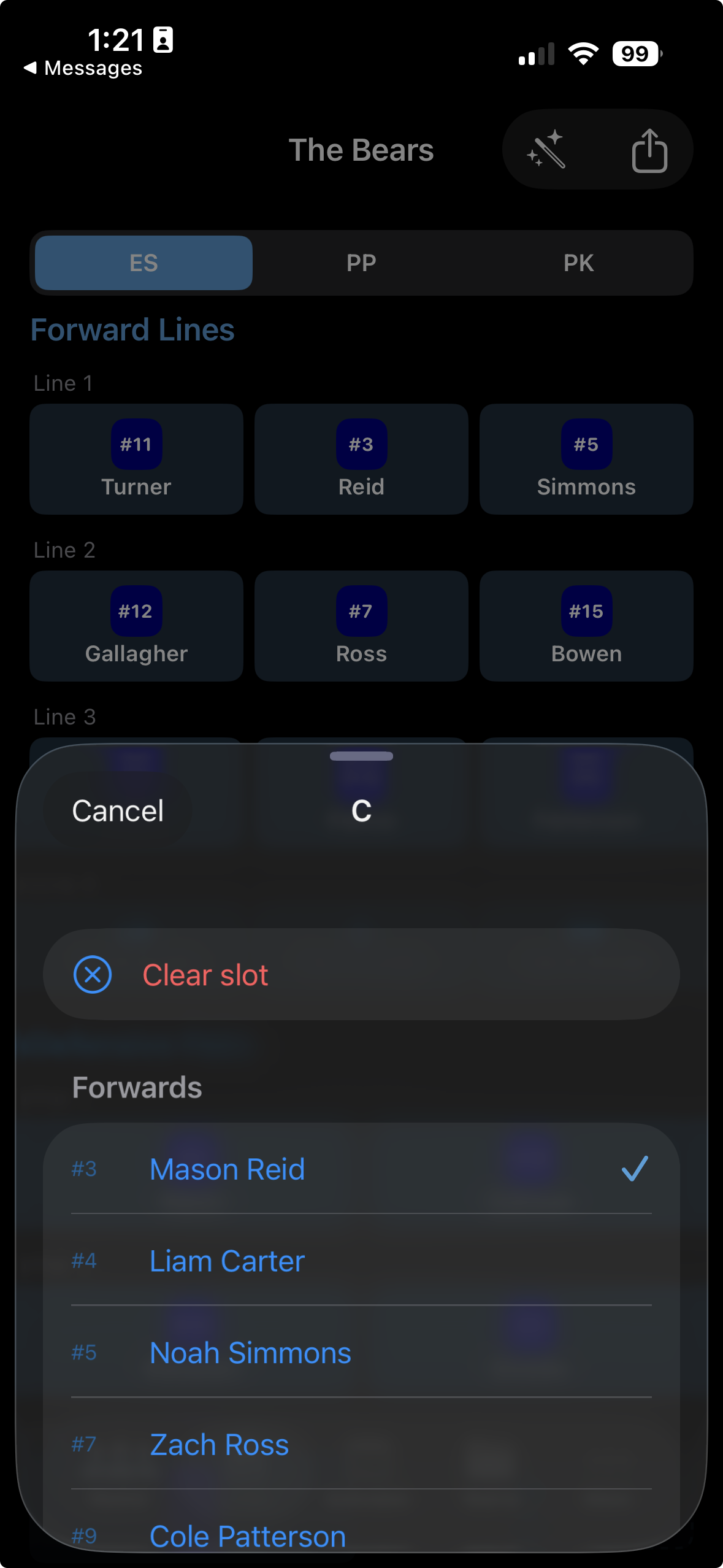 Clearing a player from a line slot