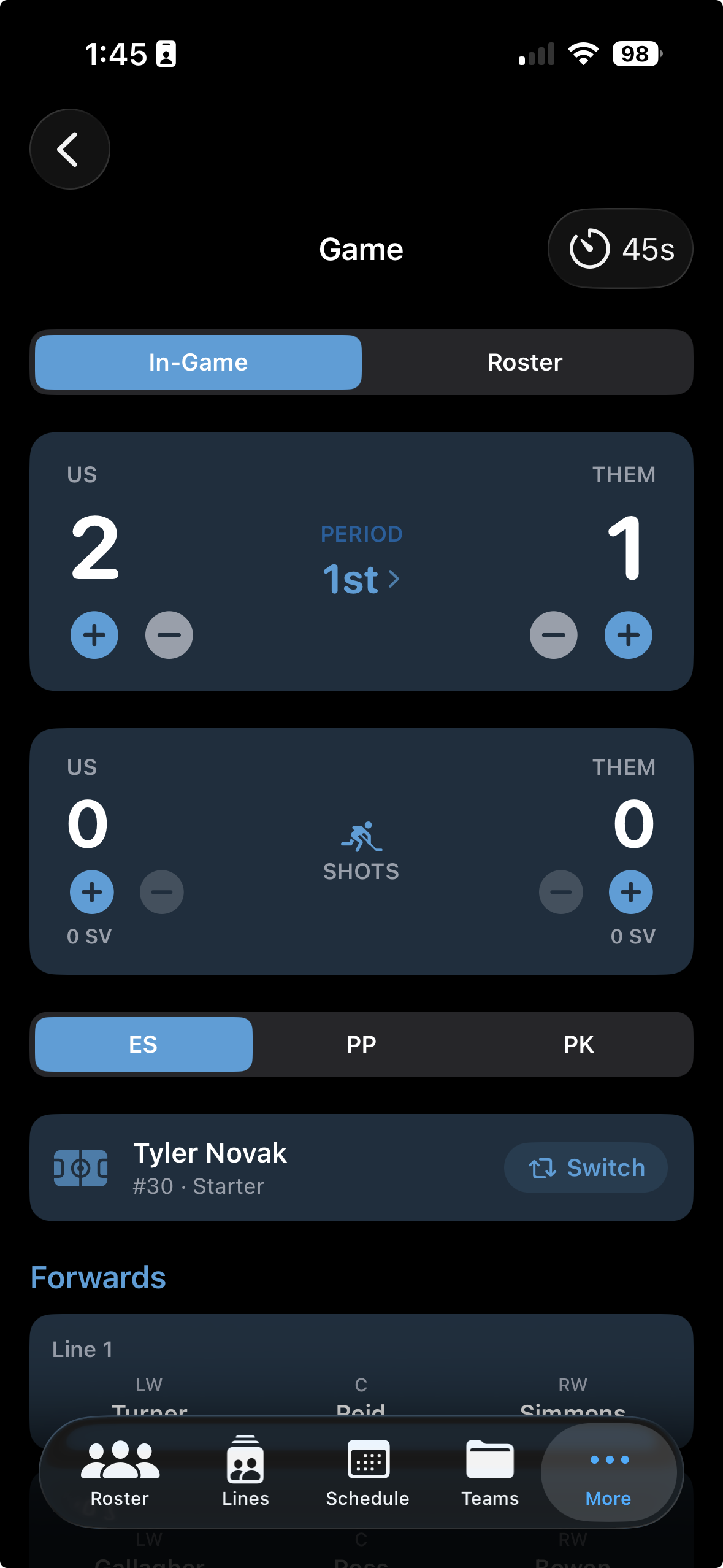 More tab showing Gameday option