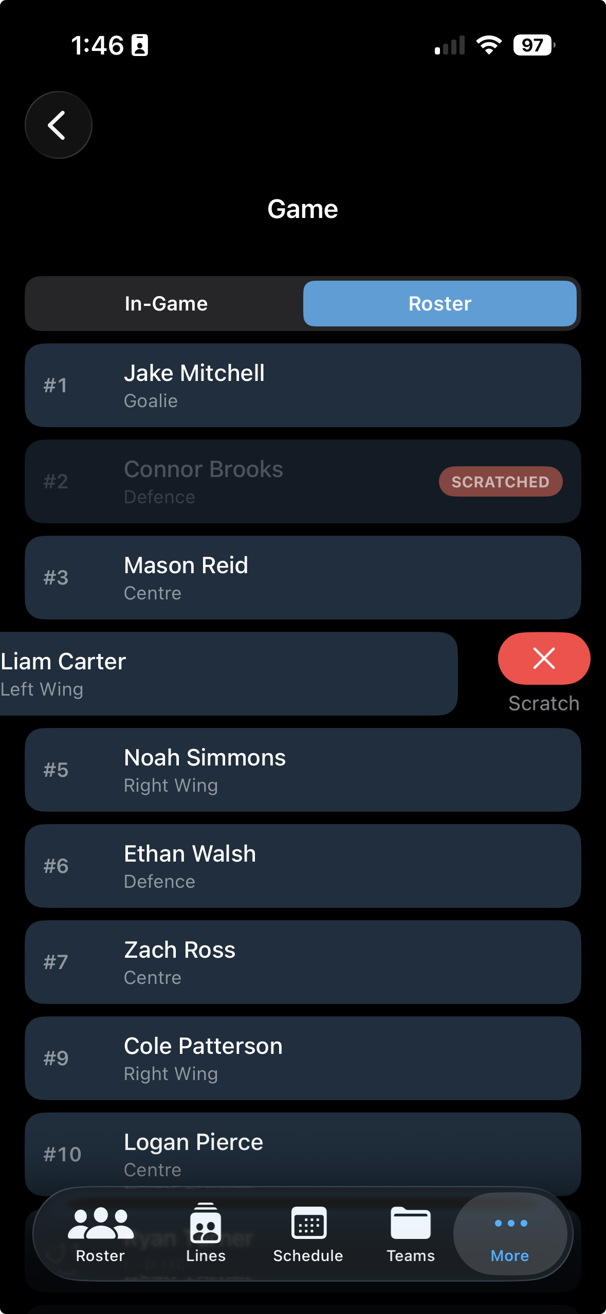 Gameday roster with player list