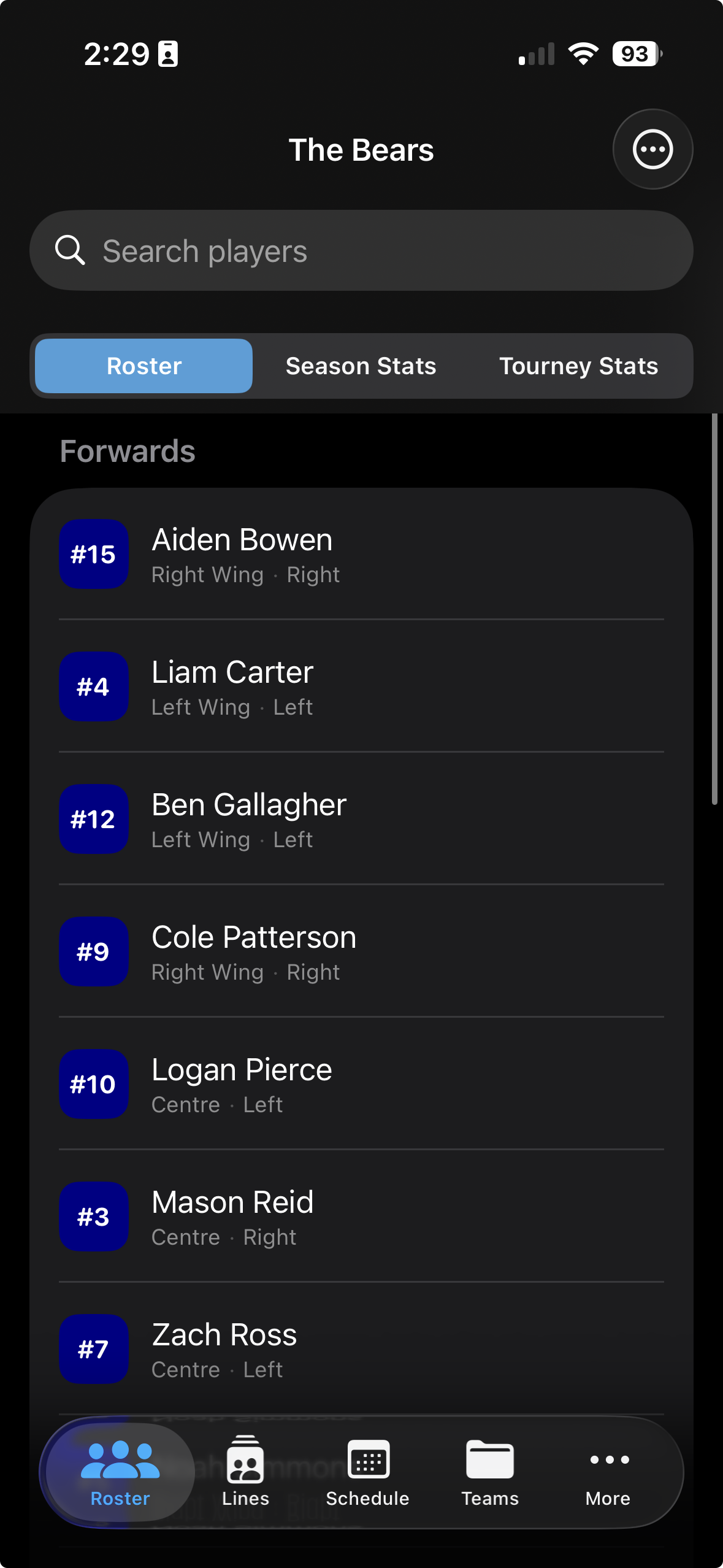 Roster list with players