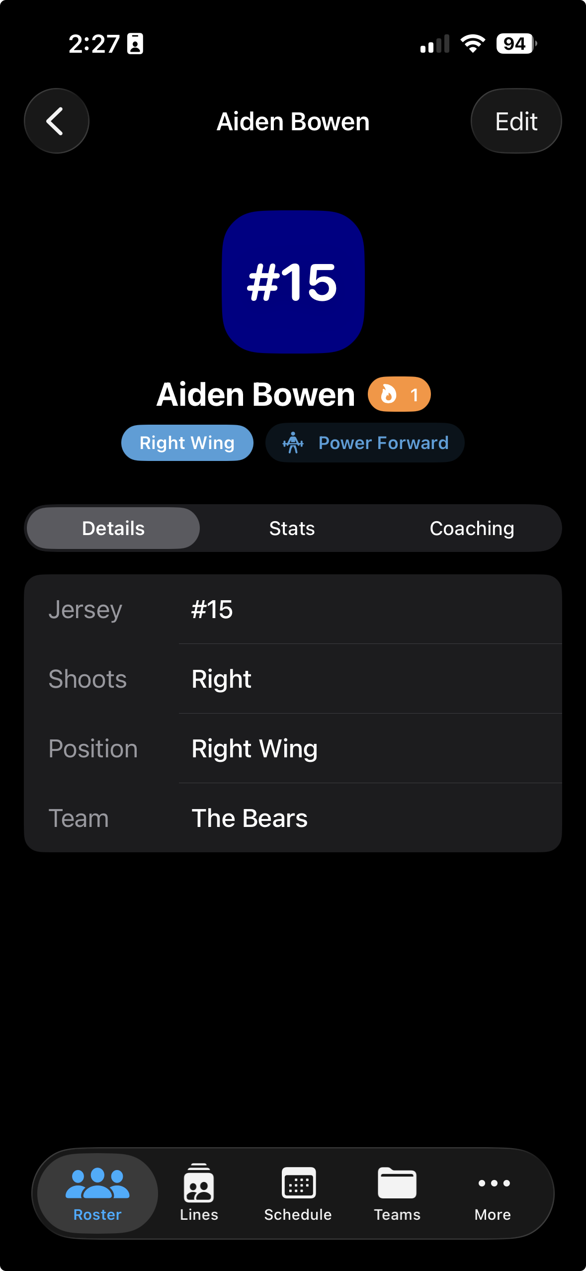 Player profile open on Details tab