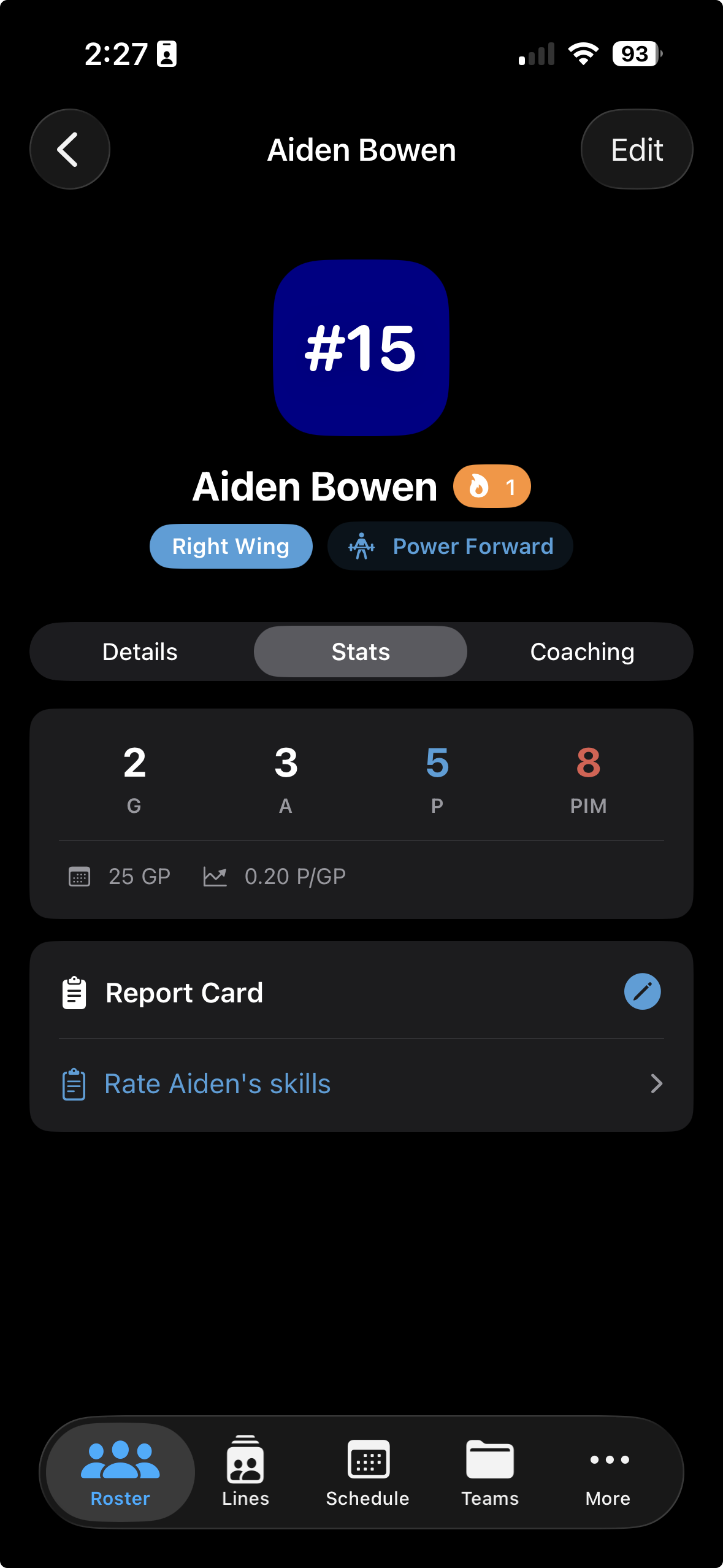 Stats tab showing skater season totals