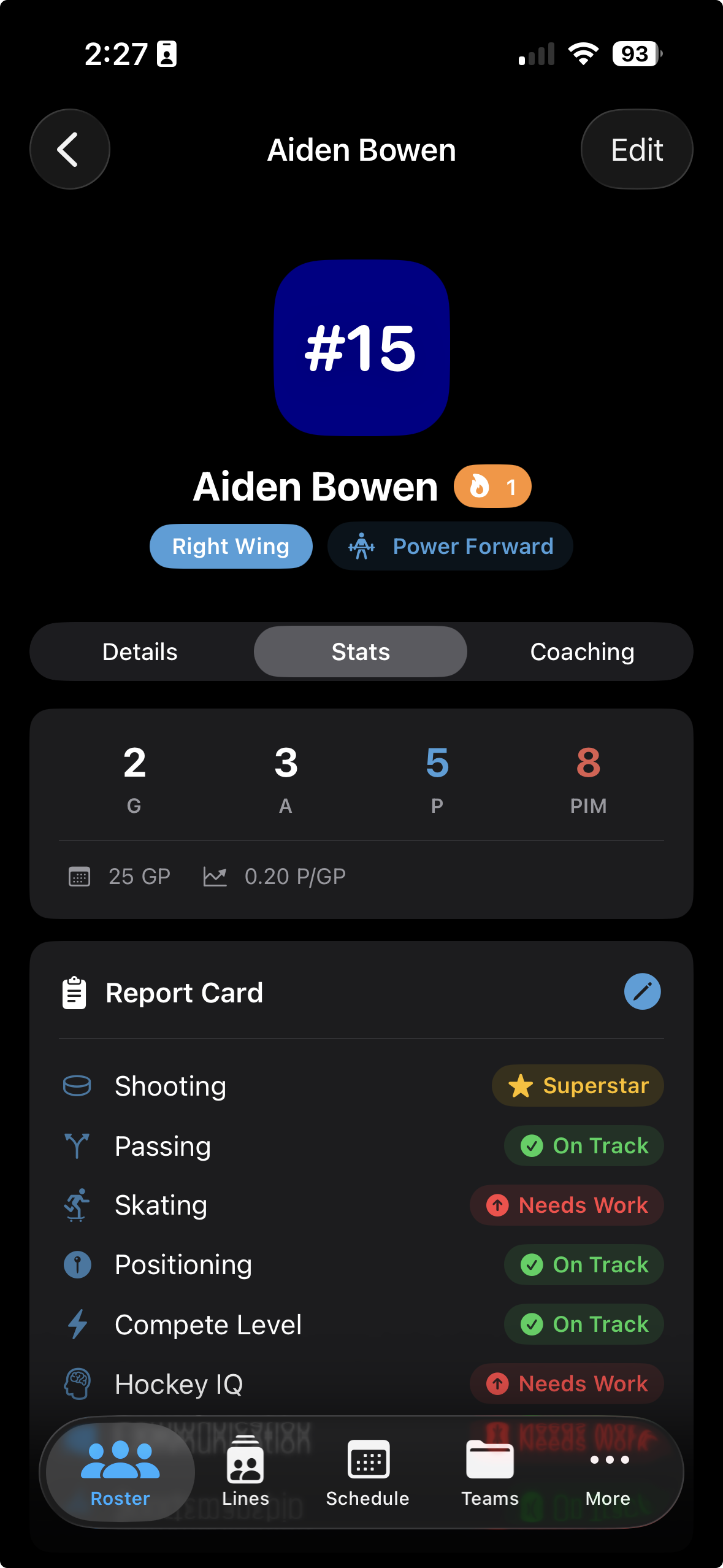 Report Card edit sheet with skill rating buttons