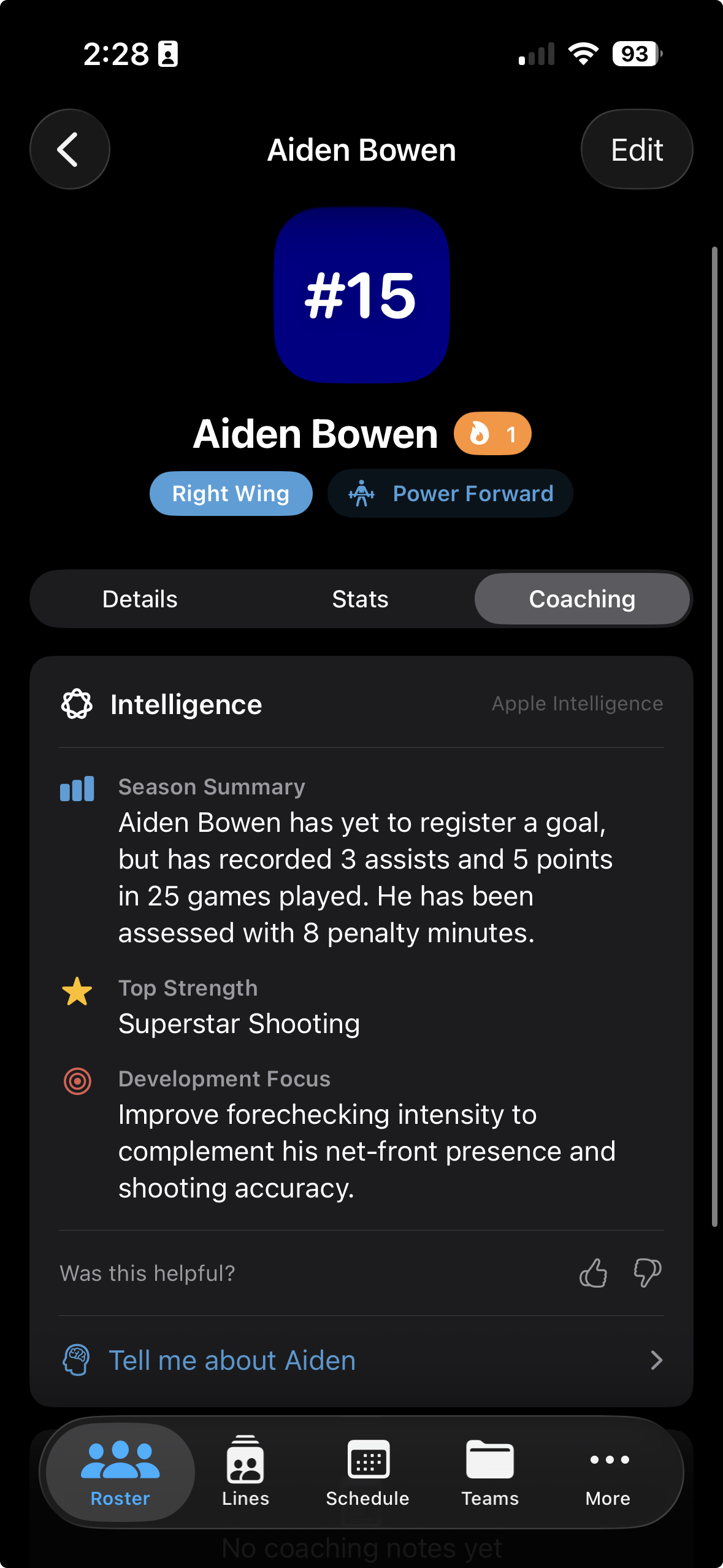 Coaching tab showing AI insights