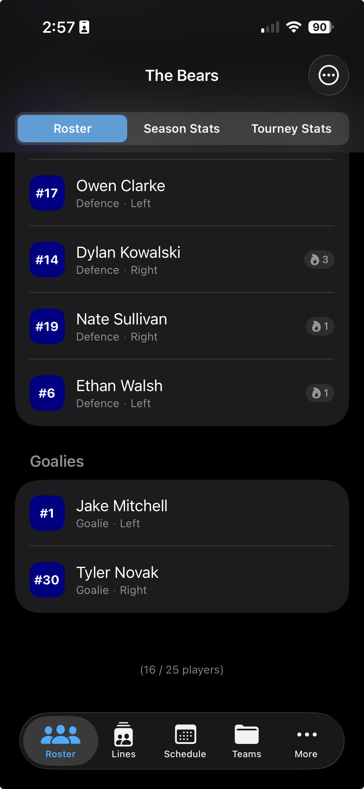 Roster list scrolled to the Goalies section showing Jake Mitchell and Tyler Novak