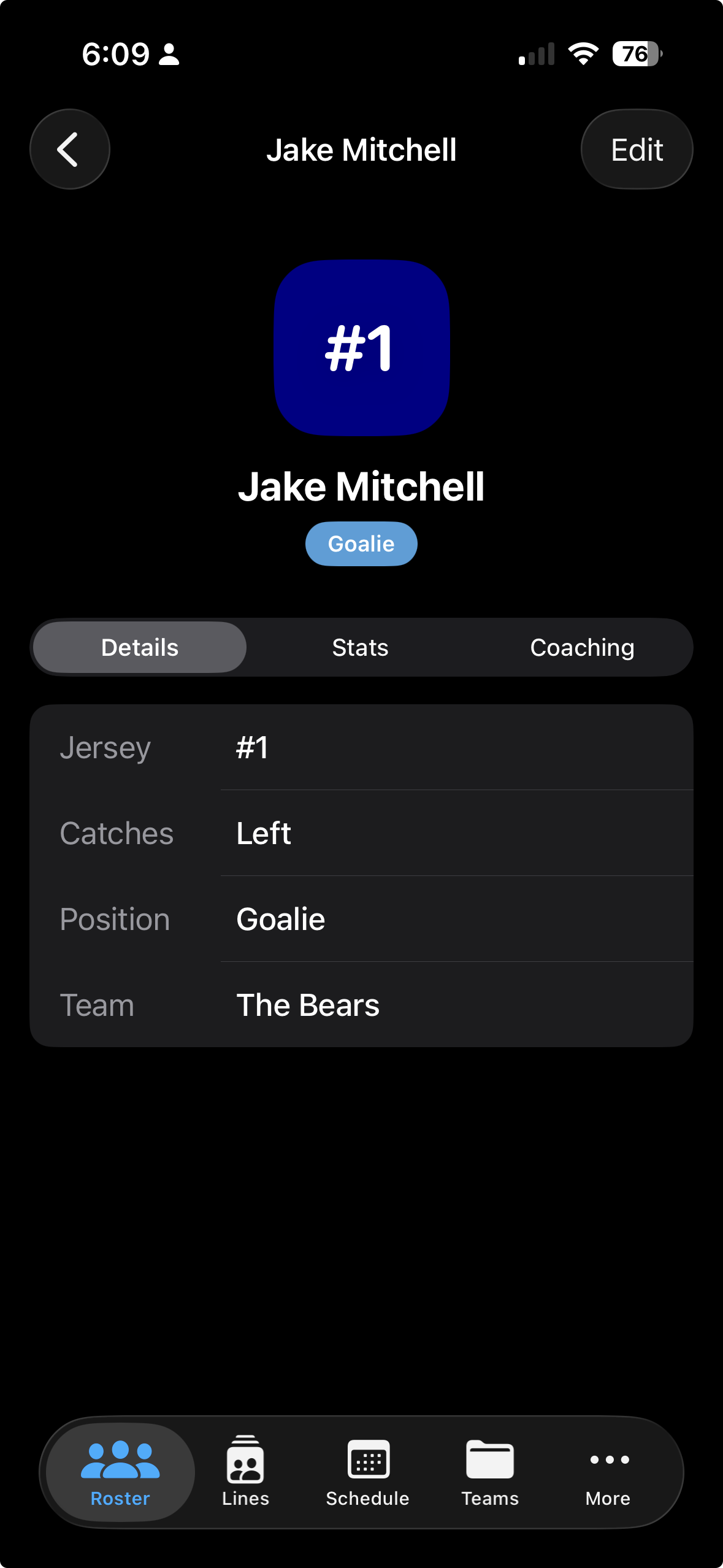 Goalie profile open on the Details tab showing jersey number, catches, position, and team