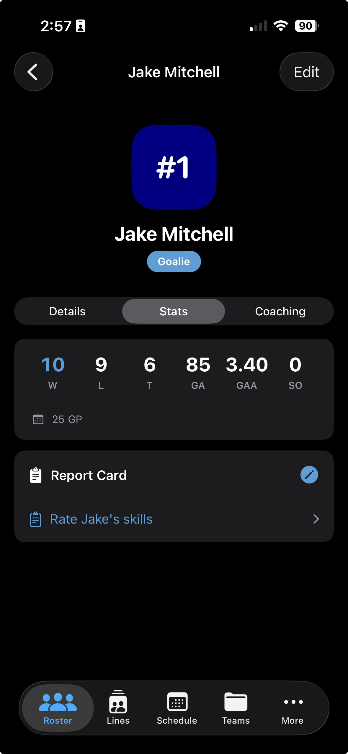 Stats tab showing goalie stats card with W, L, T, GA, GAA, SO and 25 GP below the divider