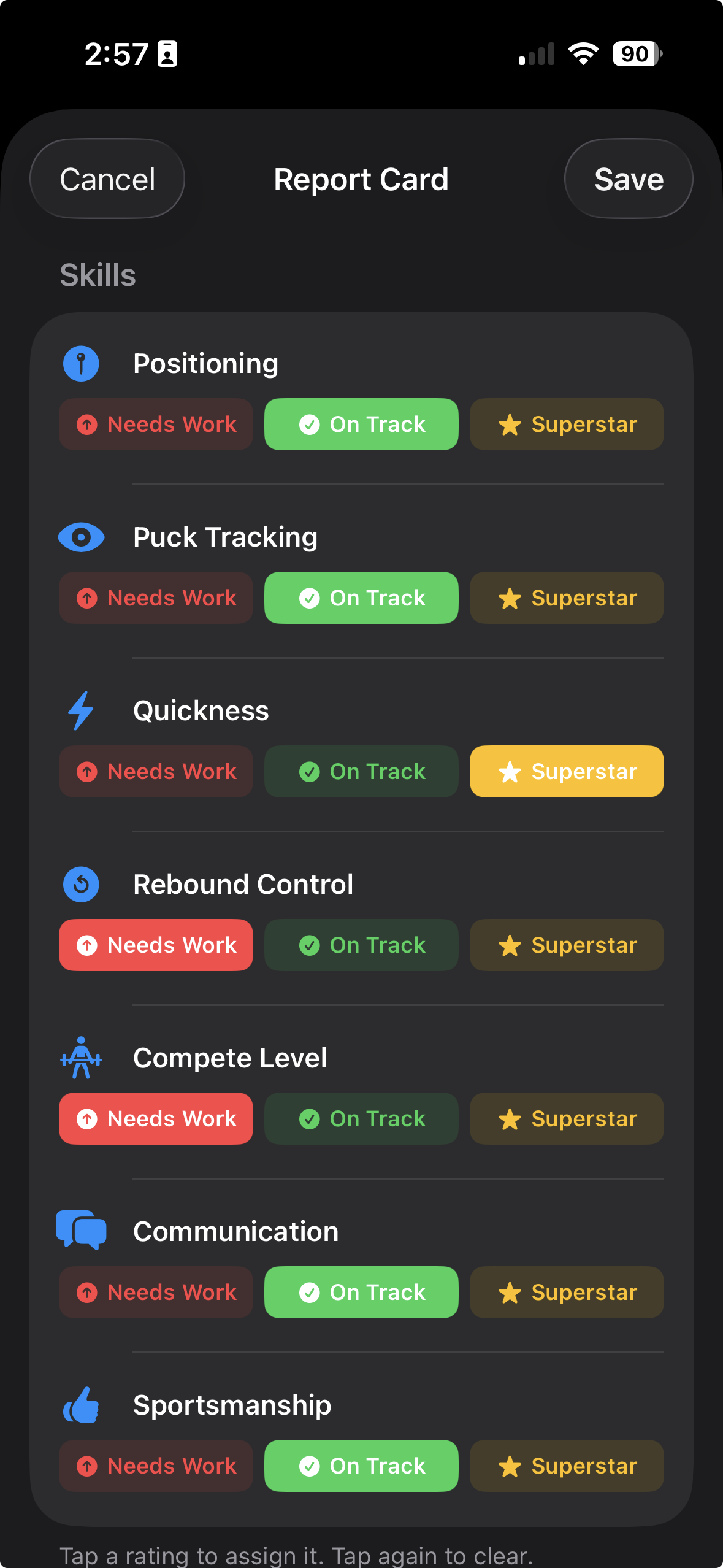 Report Card edit sheet showing goalie skill categories with Needs Work, On Track, and Superstar rating buttons