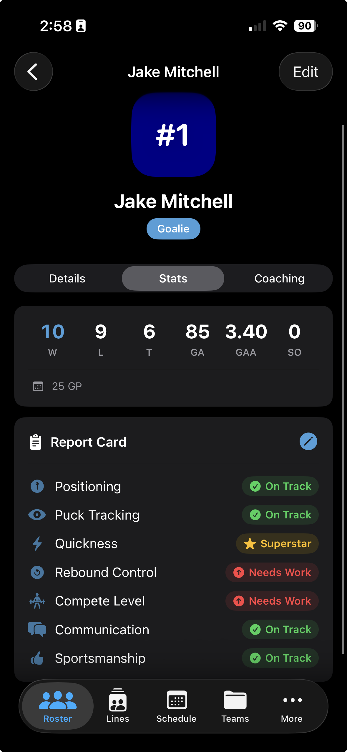 Stats tab showing completed Report Card with skill ratings displayed inline