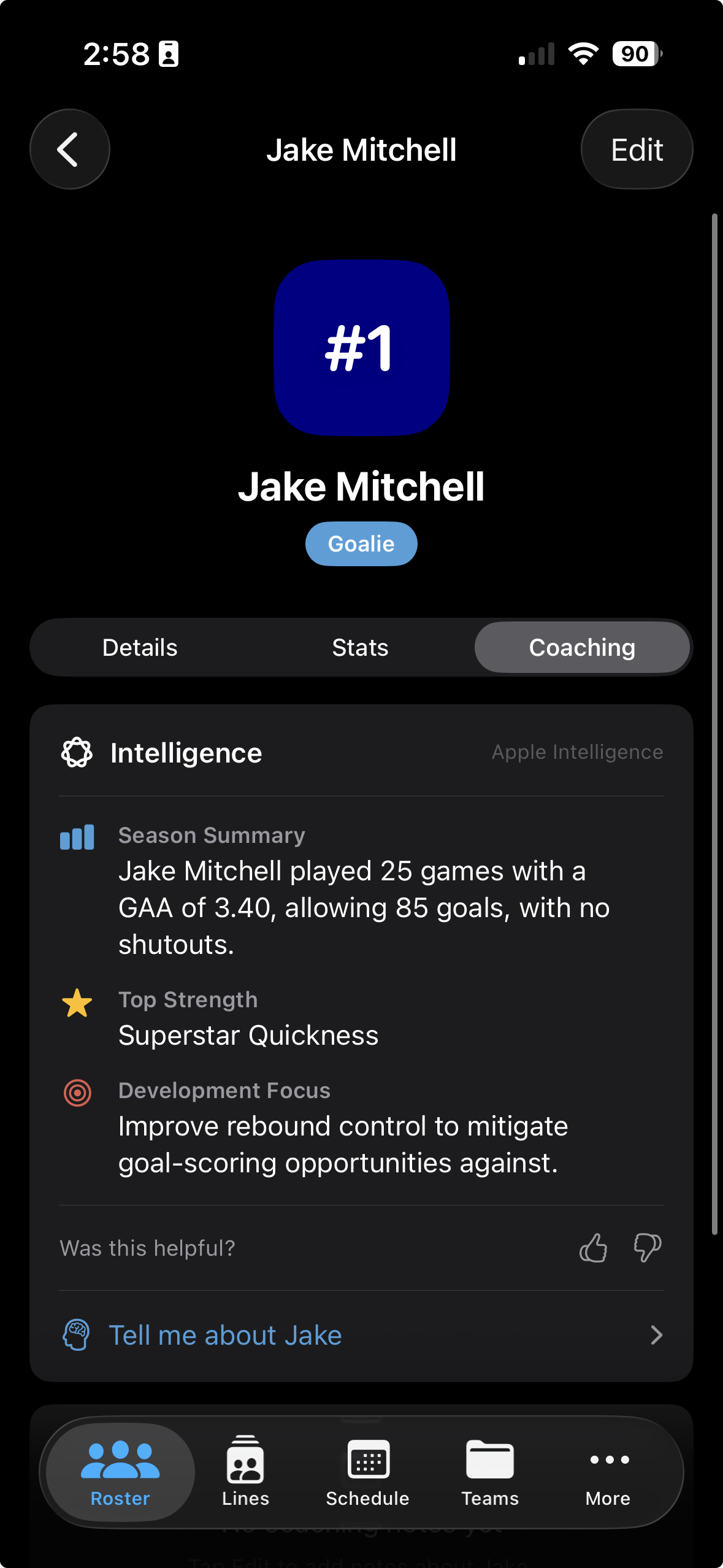 Coaching tab showing Apple Intelligence season summary, top strength, and development focus for a goalie