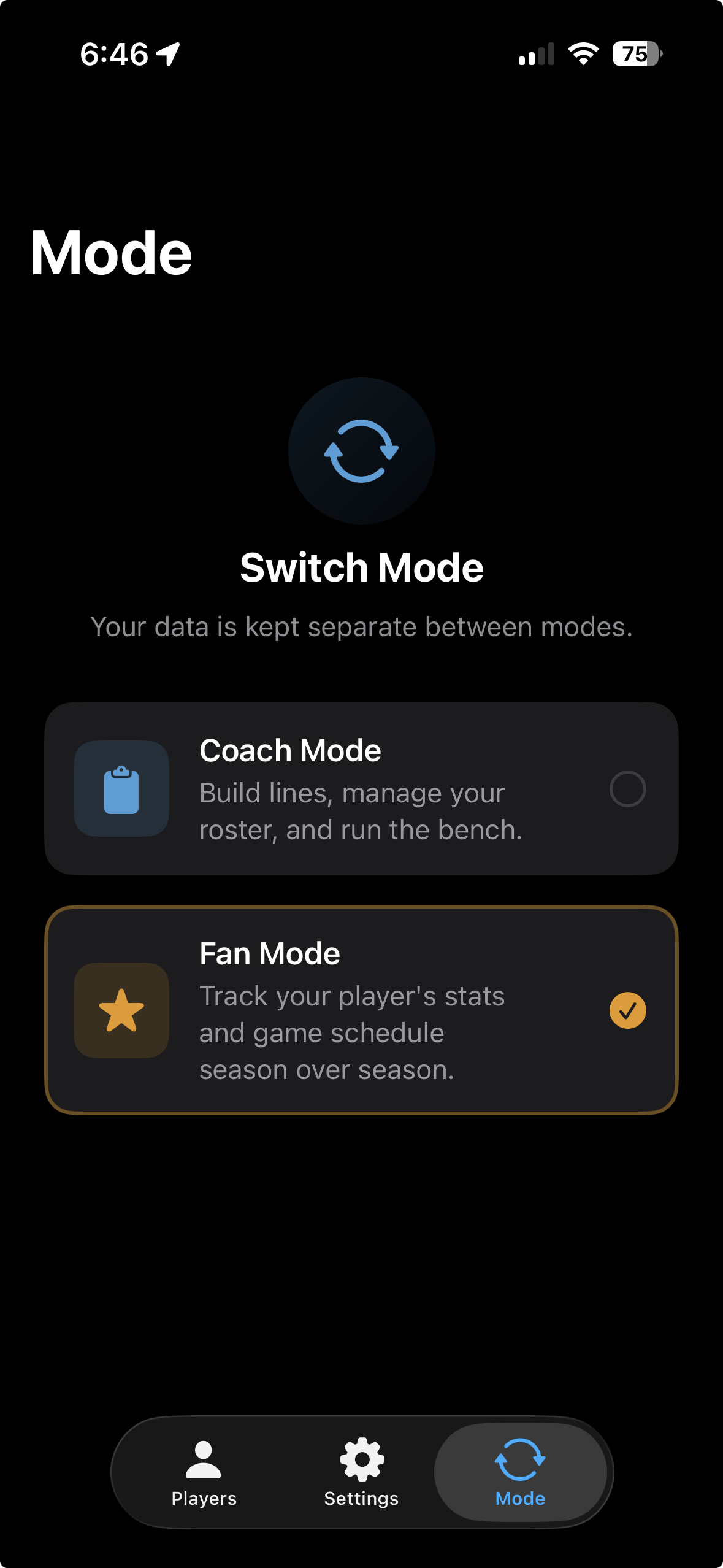 Mode tab showing Coach Mode and Fan Mode switcher