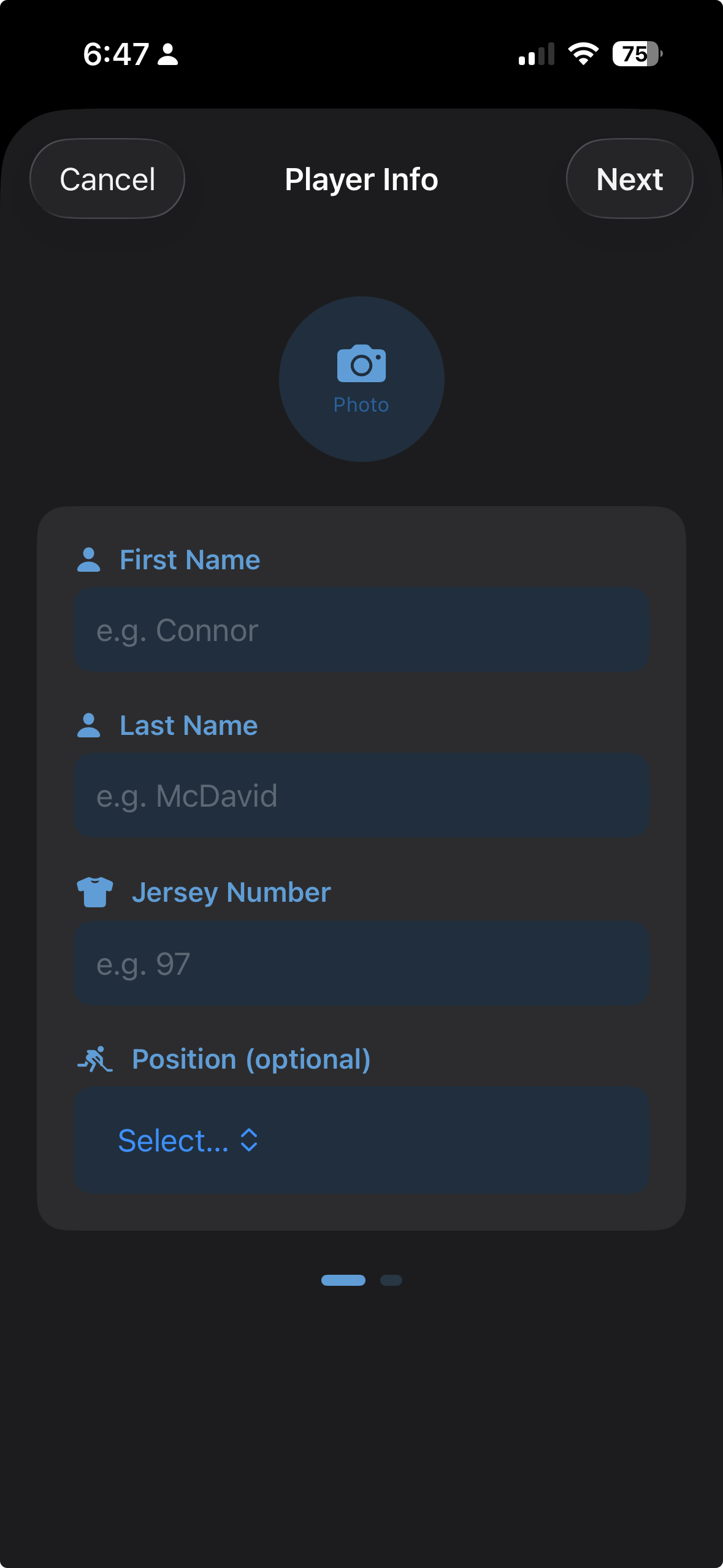 Add Player sheet showing name, jersey number, position, and photo fields
