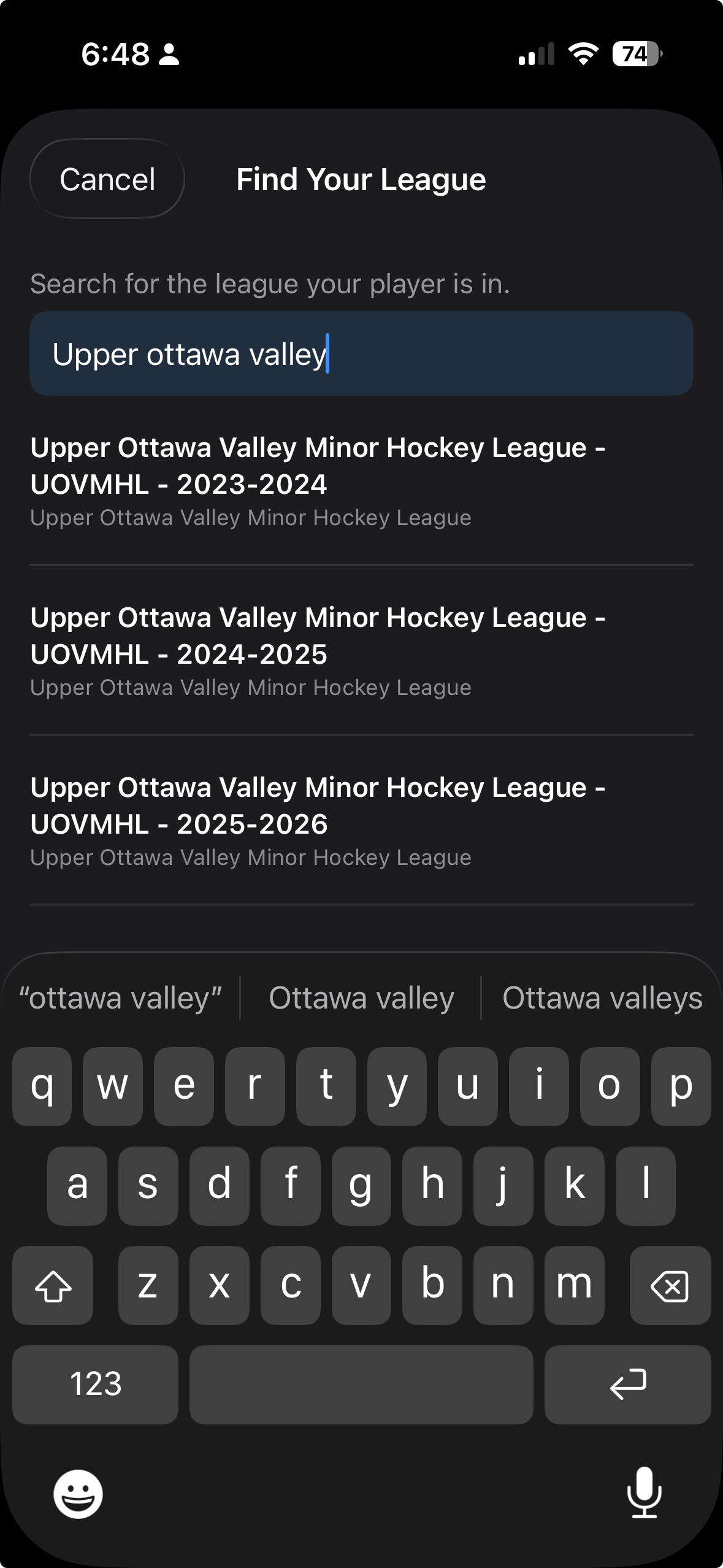 League wizard search screen with results list