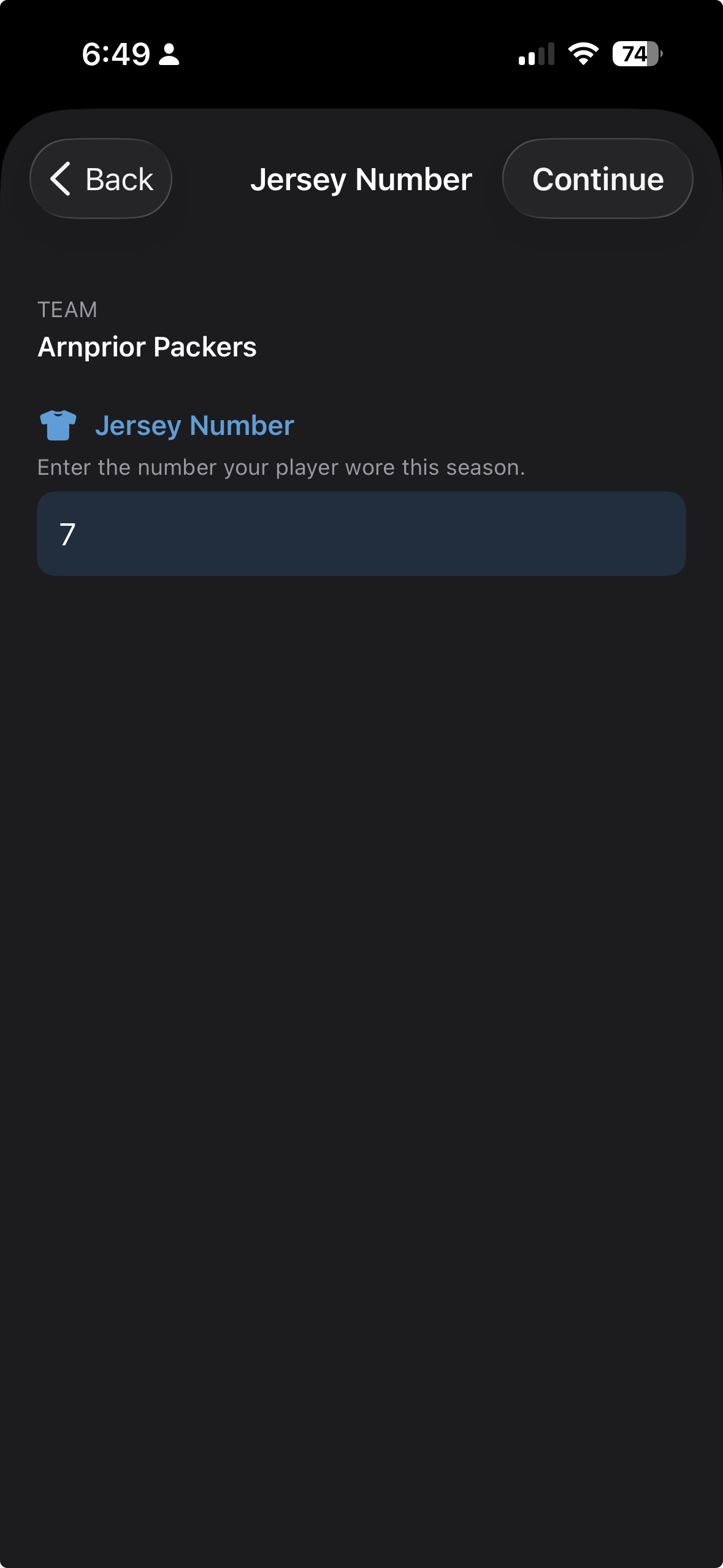 League wizard jersey number confirmation screen