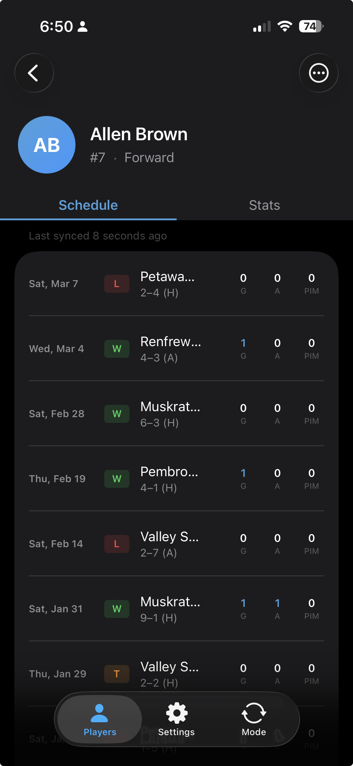 Player detail Schedule tab showing game rows with W/L/T badge, score, and per-game G/A/PIM