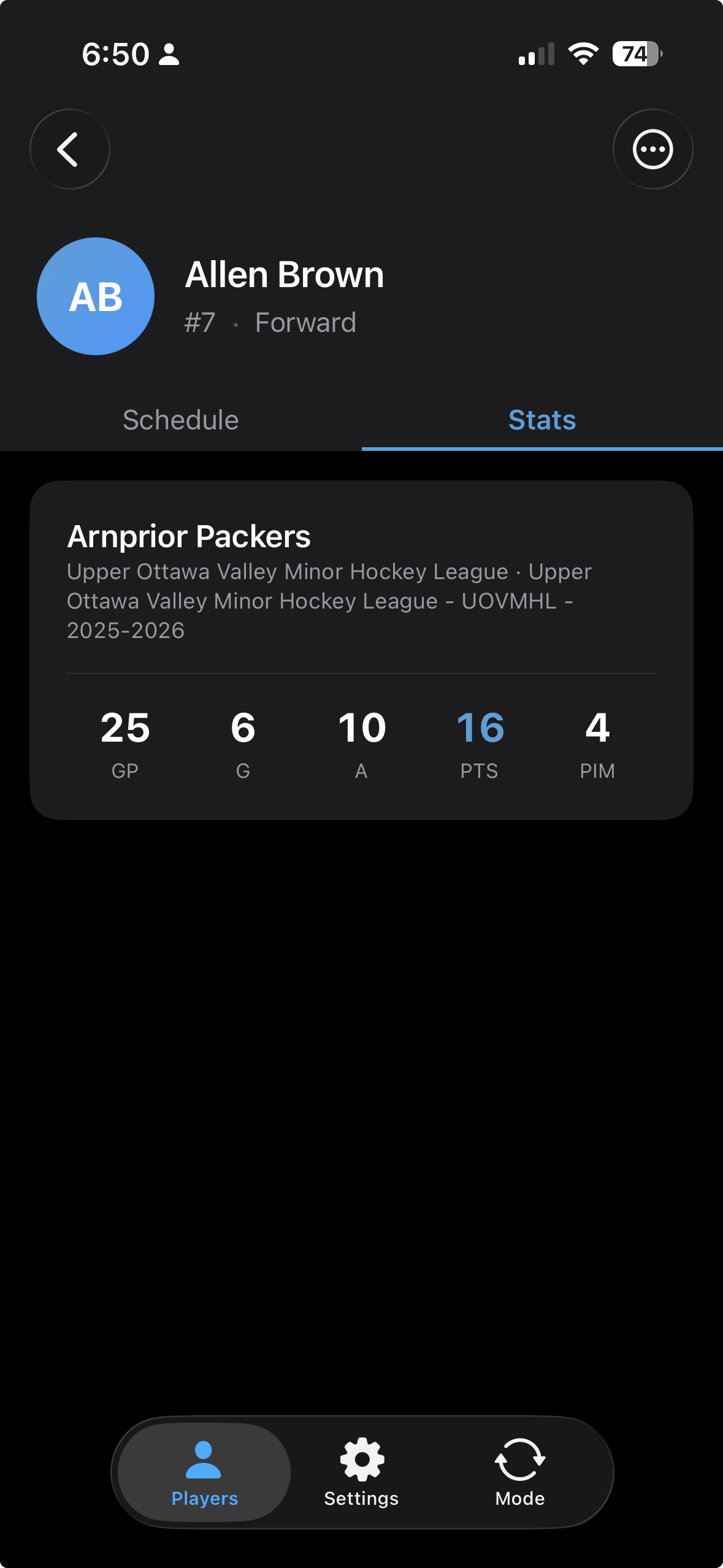 Player detail Stats tab showing skater season totals card and year-over-year table