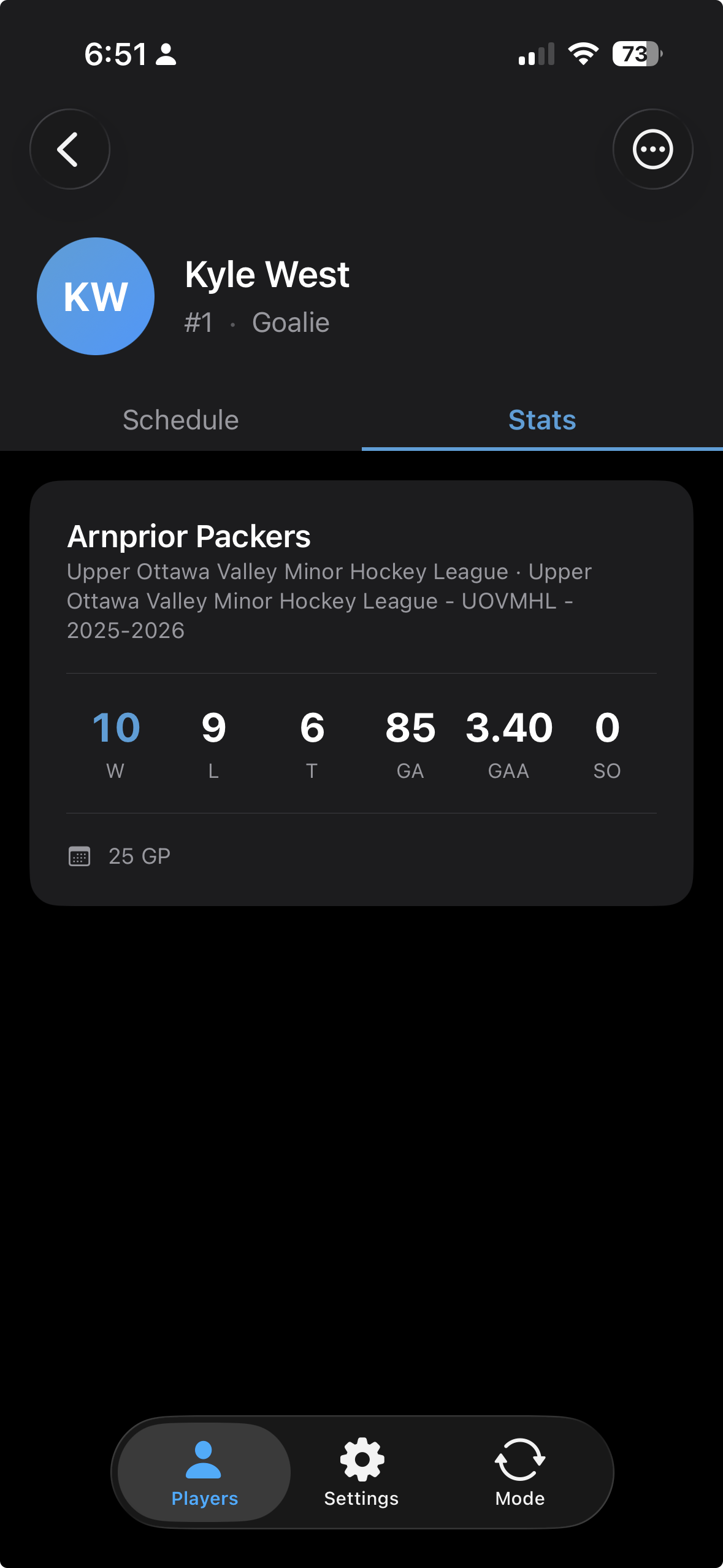 Player detail Stats tab showing goalie season totals card and year-over-year table