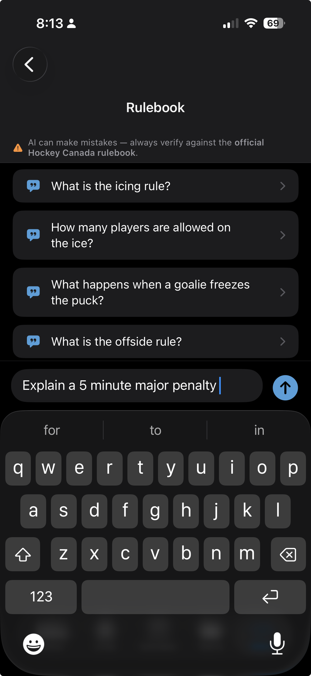 Rulebook screen with a question typed into the Ask about a rule input bar