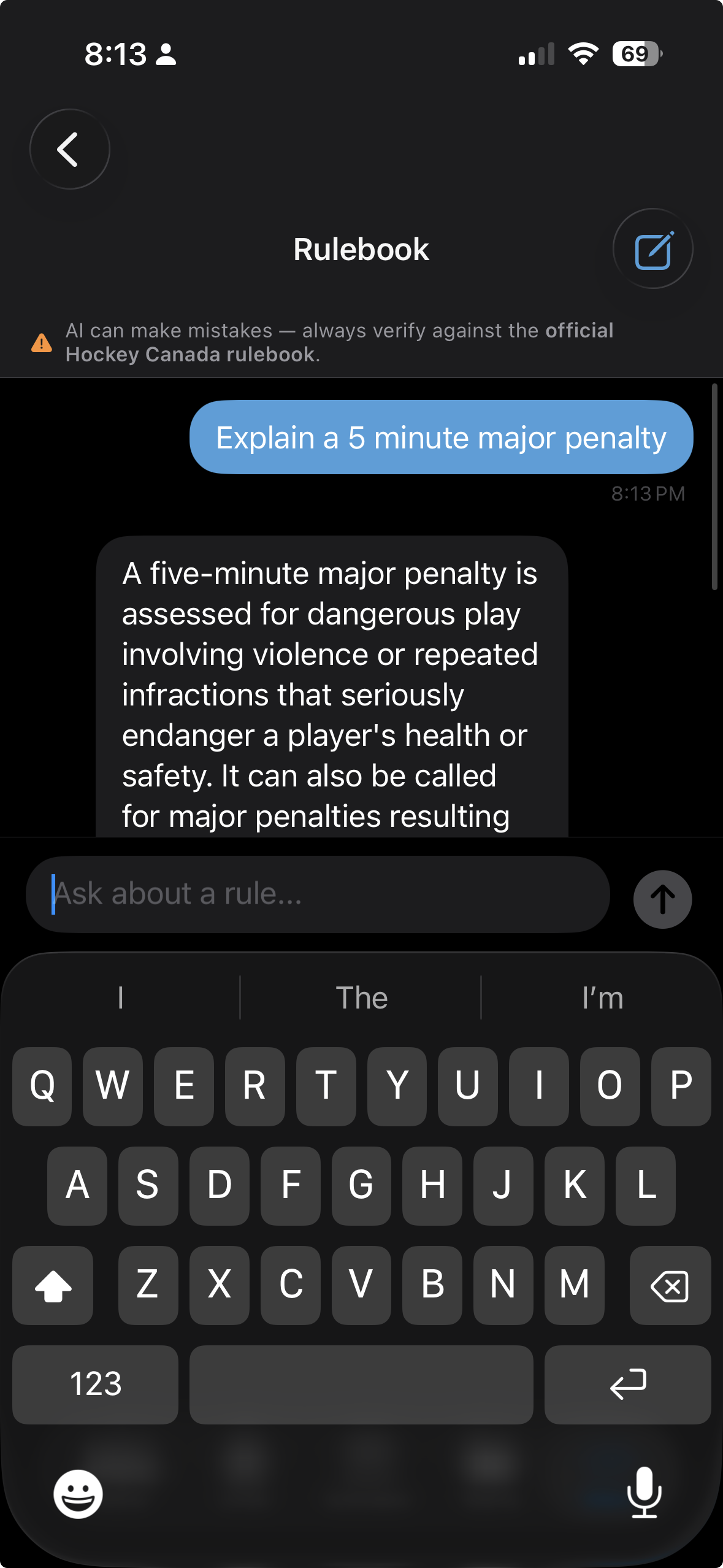 Rulebook chat view showing a user question bubble and the AI response bubble below it