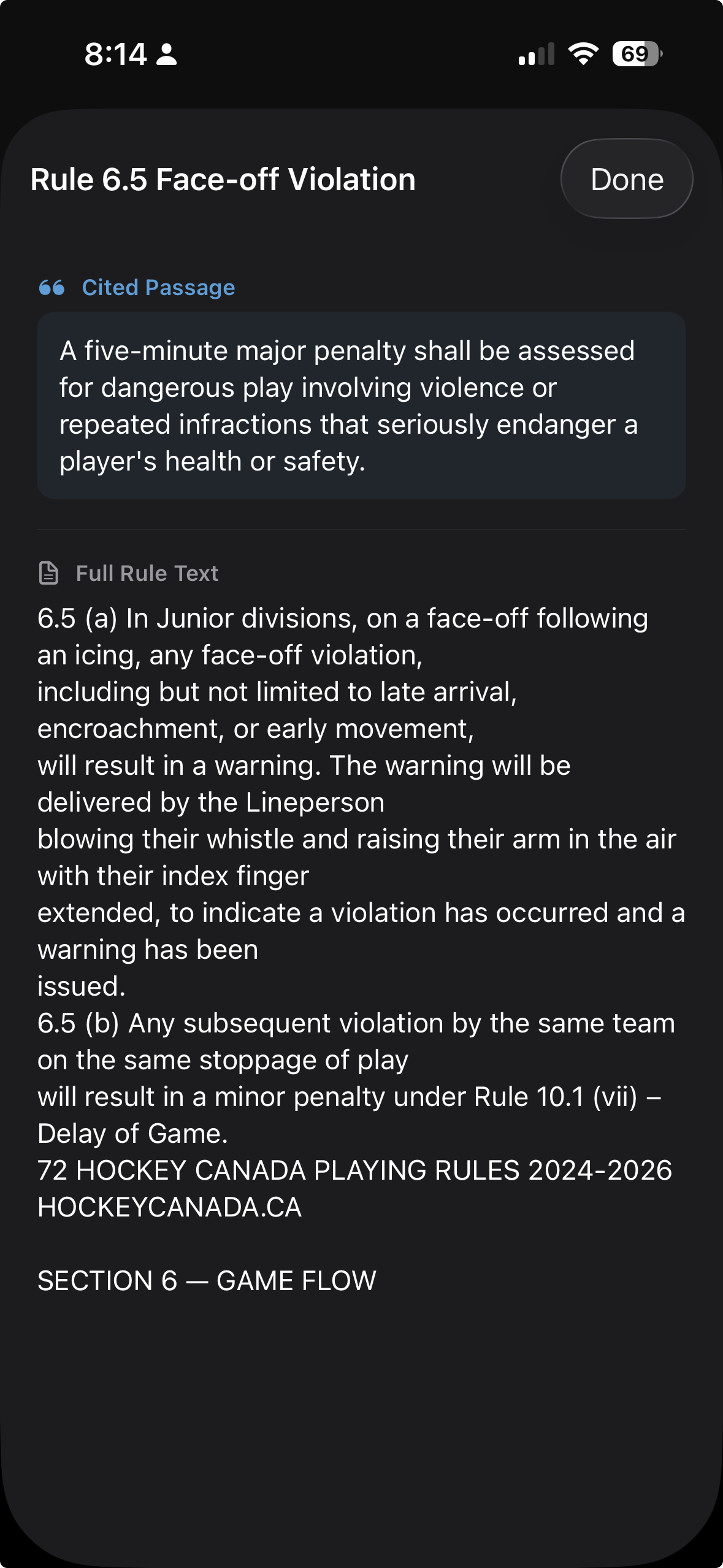 Full Rule sheet showing the cited passage highlighted at the top and the complete rule text below