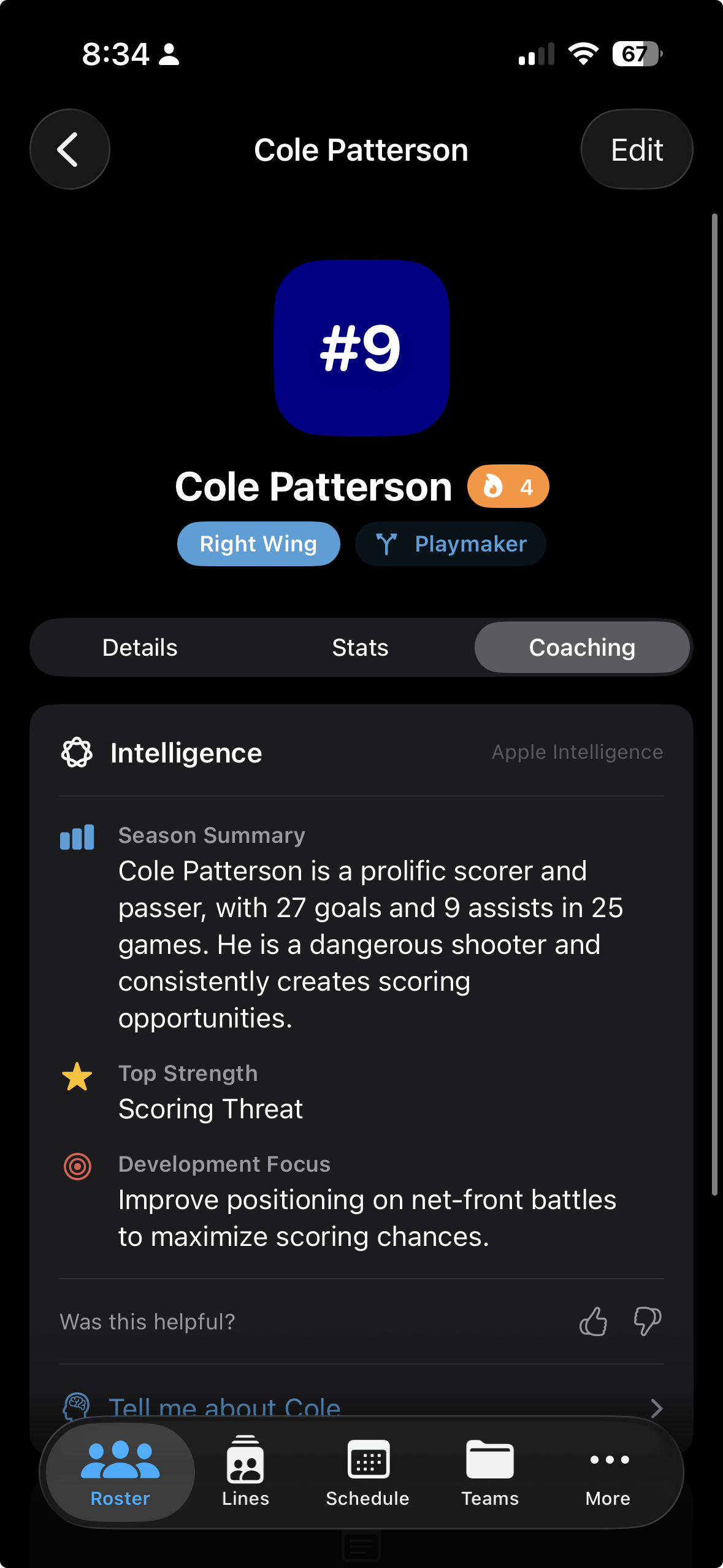 Player profile with the Coaching tab active, showing the Season Summary, Top Strength, and Development Focus insight panels