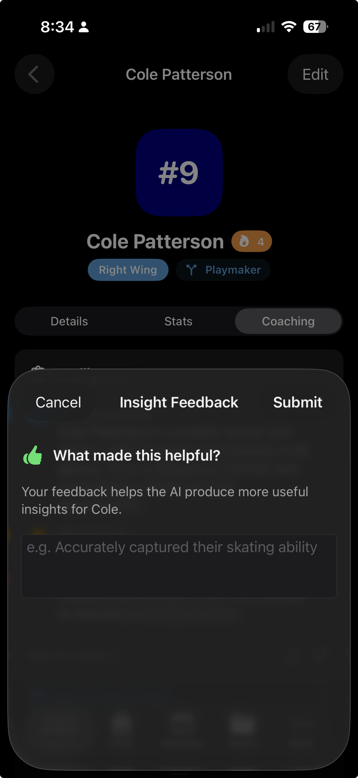 Coaching insight panel with the thumbs up and thumbs down feedback buttons visible