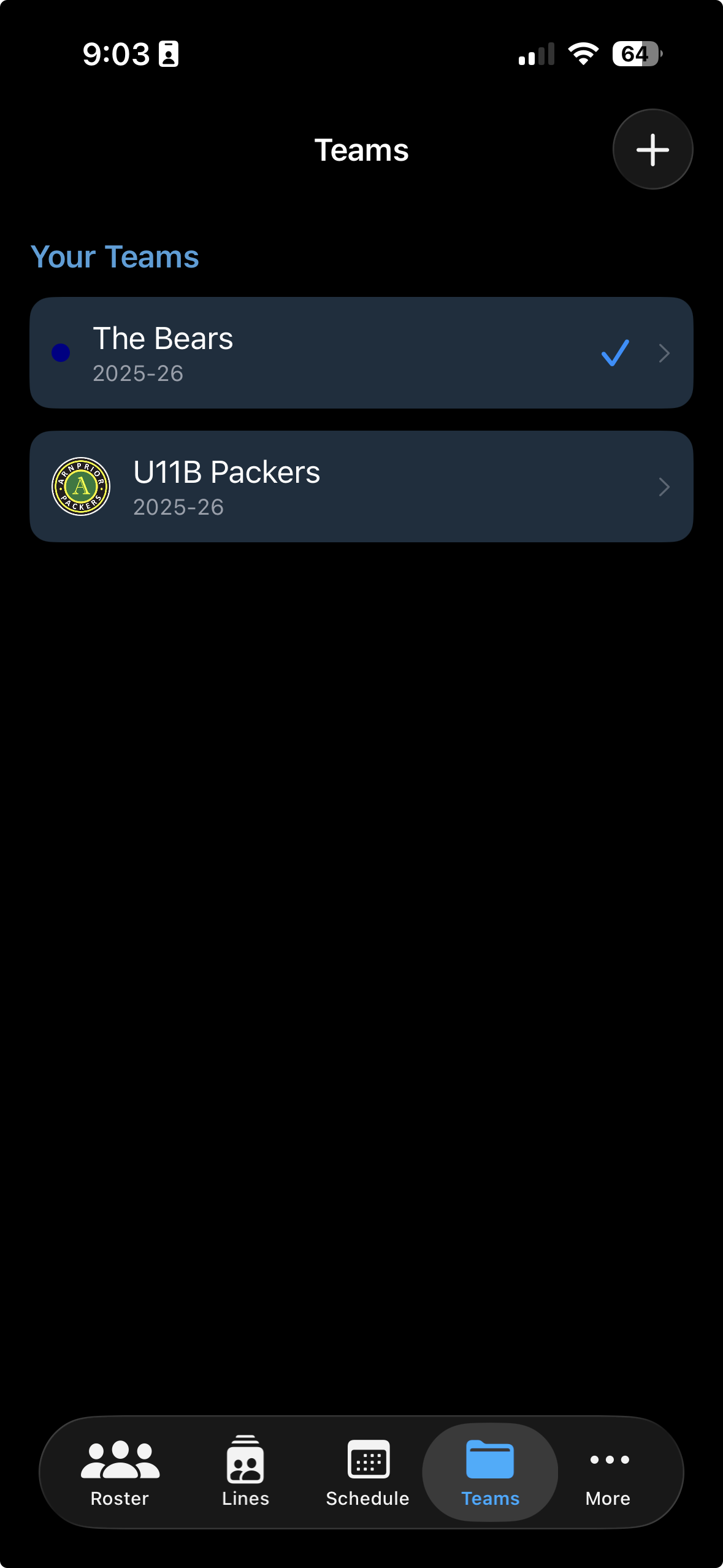 Teams tab showing team cards with player count and season