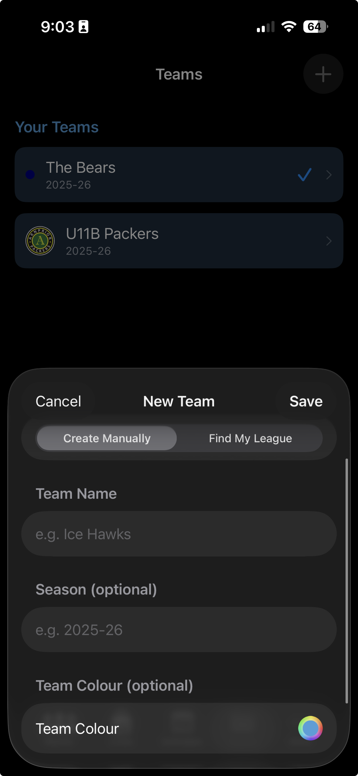 Create Team sheet with name, season, colour, and logo fields