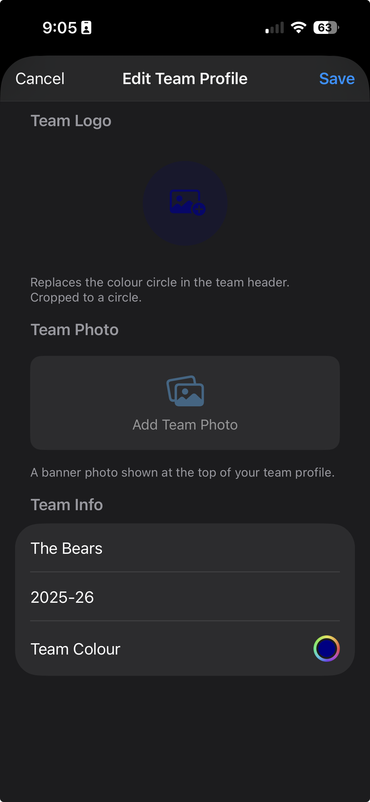 Edit Team sheet open with fields populated