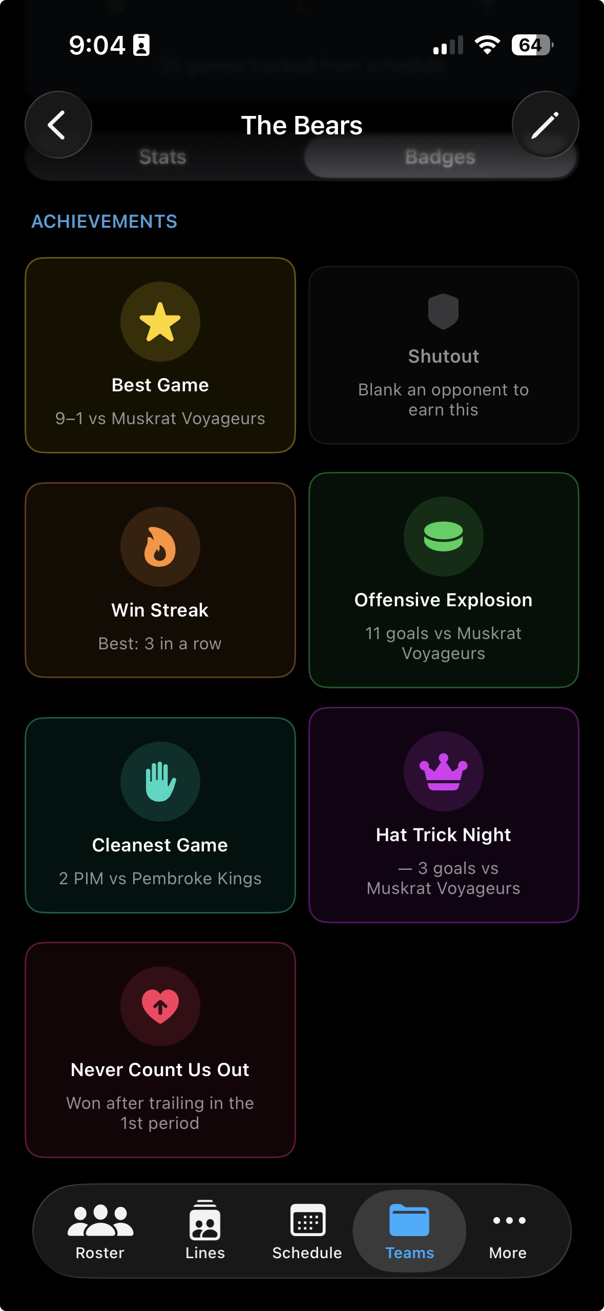 Badges tab showing earned and unearned achievement badges